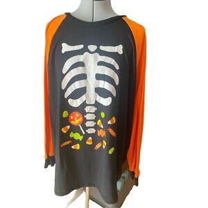 Halloween long sleeve shirt 3xl black with orange sleeves skeleton body